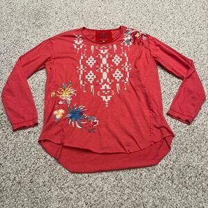 Johnny Was Embroidered Long Sleeve Tee Sz XS Coral Boho Maximalist Casual Floral